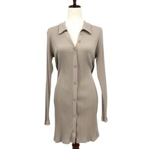 H&M Women's M Light Brown Button Front Collared Long Sleeve Ribbed Sweater Dress